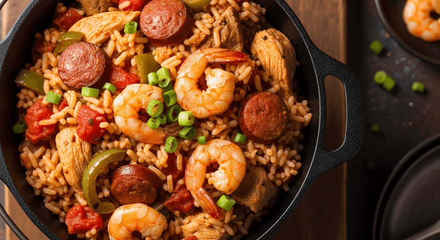 Louisiana jambalaya with shrimp, sausage, and chicken in a cast-iron skillet
