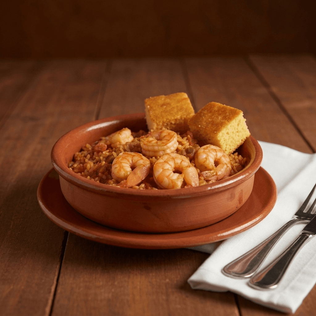 22 oz bowl of single meat jambalaya over seasoned rice, with two pieces of cornbread