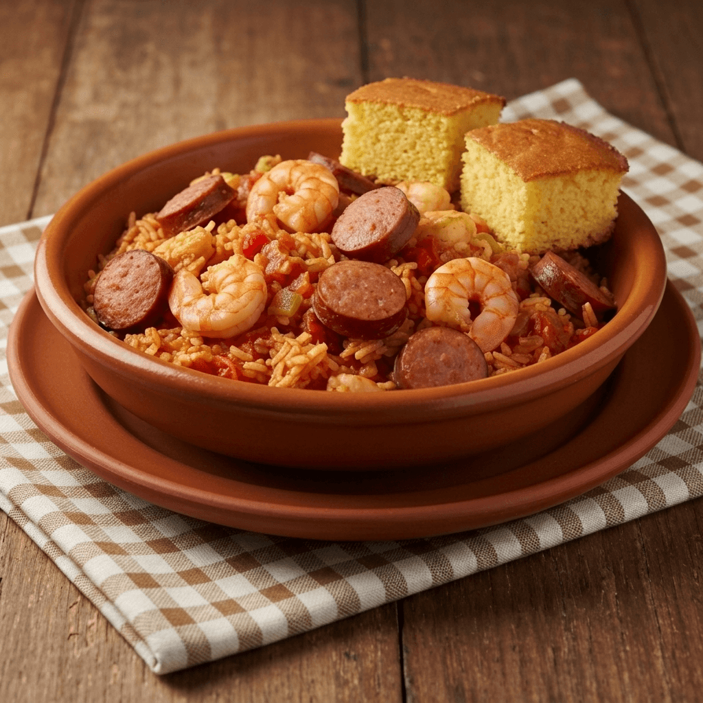 22 oz bowl of three meat jambalaya with chicken, sausage, and shrimp, with two pieces of cornbread