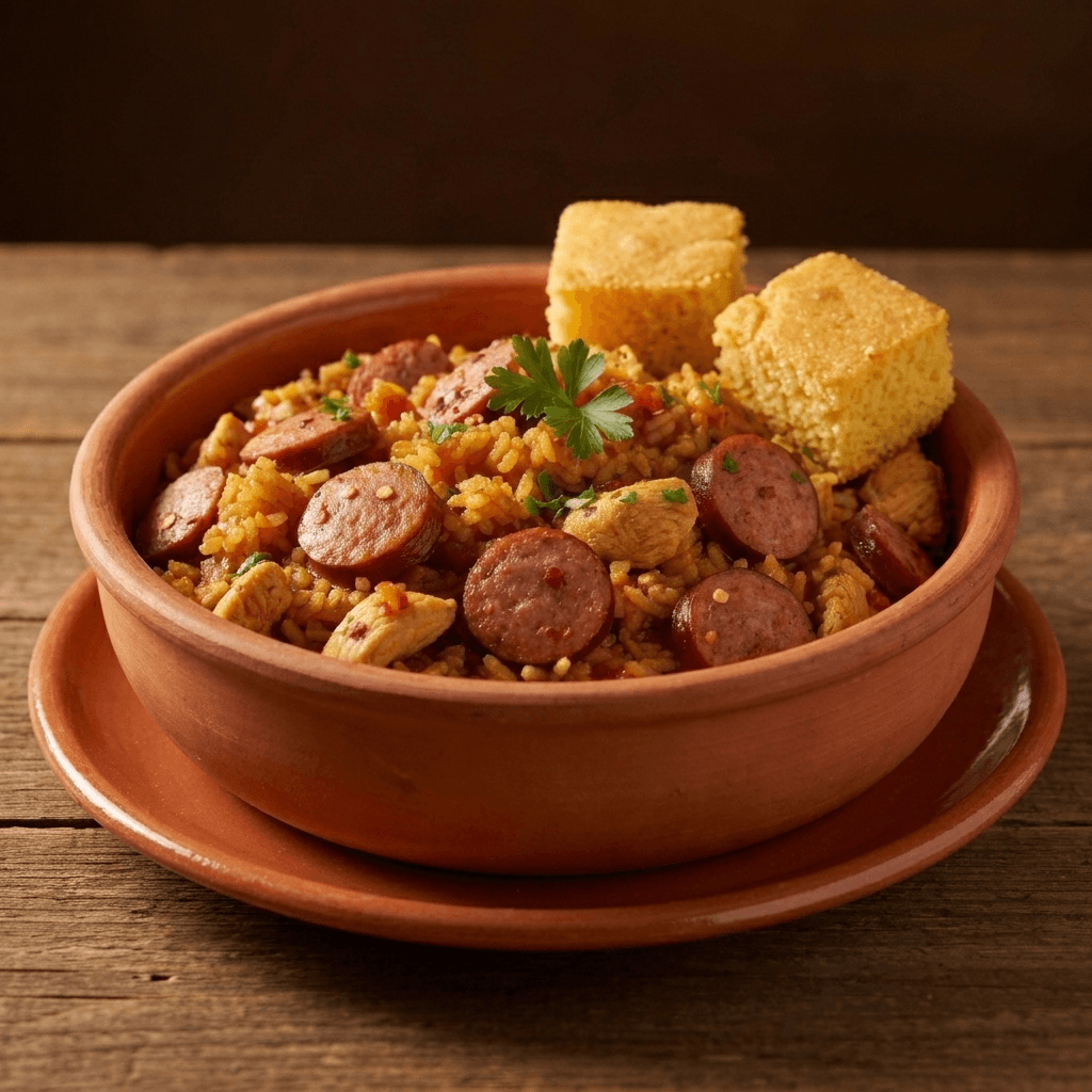 22 oz bowl of two meat jambalaya over seasoned rice, with two pieces of cornbread