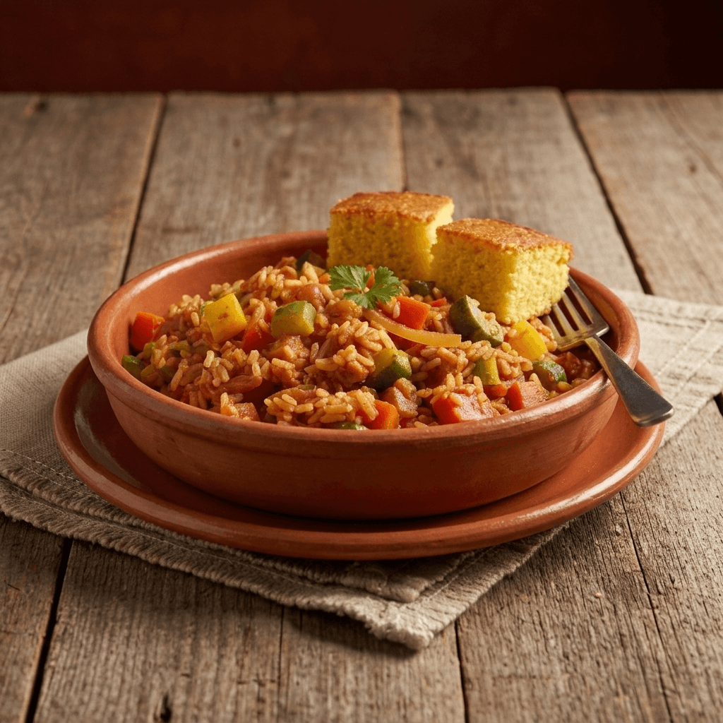 22 oz bowl of vegan jambalaya with vegetables and rice, with two pieces of cornbread
